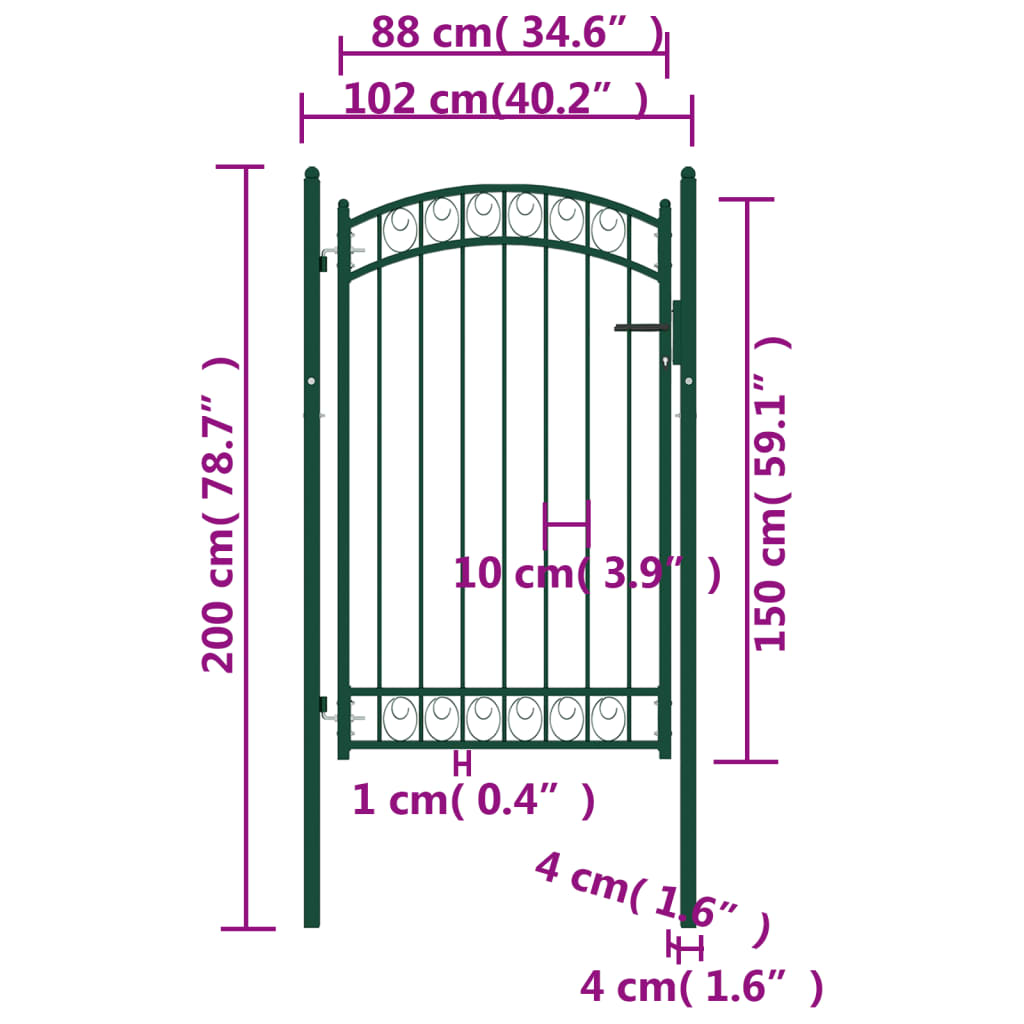 vidaXL Fence Gate with Arched Top Steel 100x150 cm Green