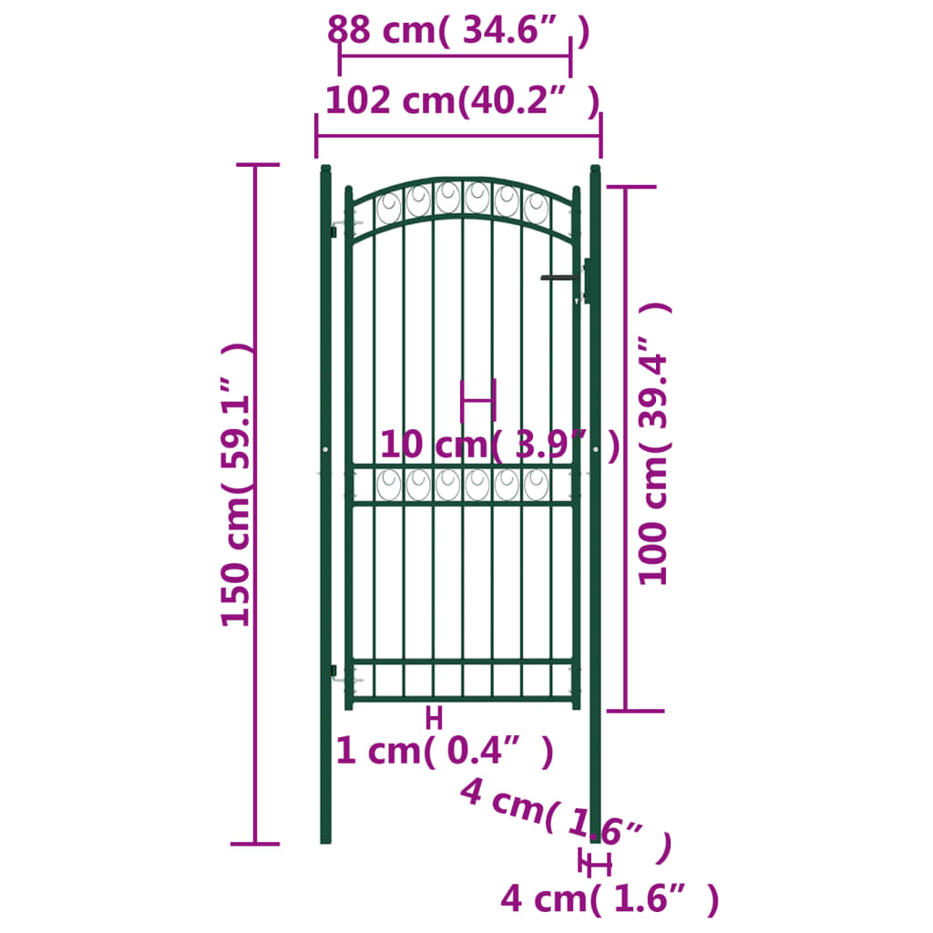 vidaXL Fence Gate with Arched Top Steel 100x200 cm Green