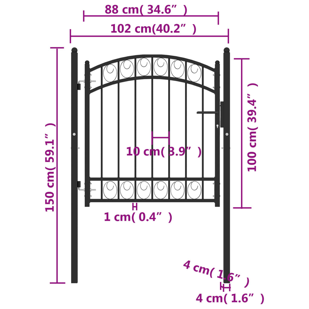 vidaXL Fence Gate with Arched Top Steel 100x100 cm Black