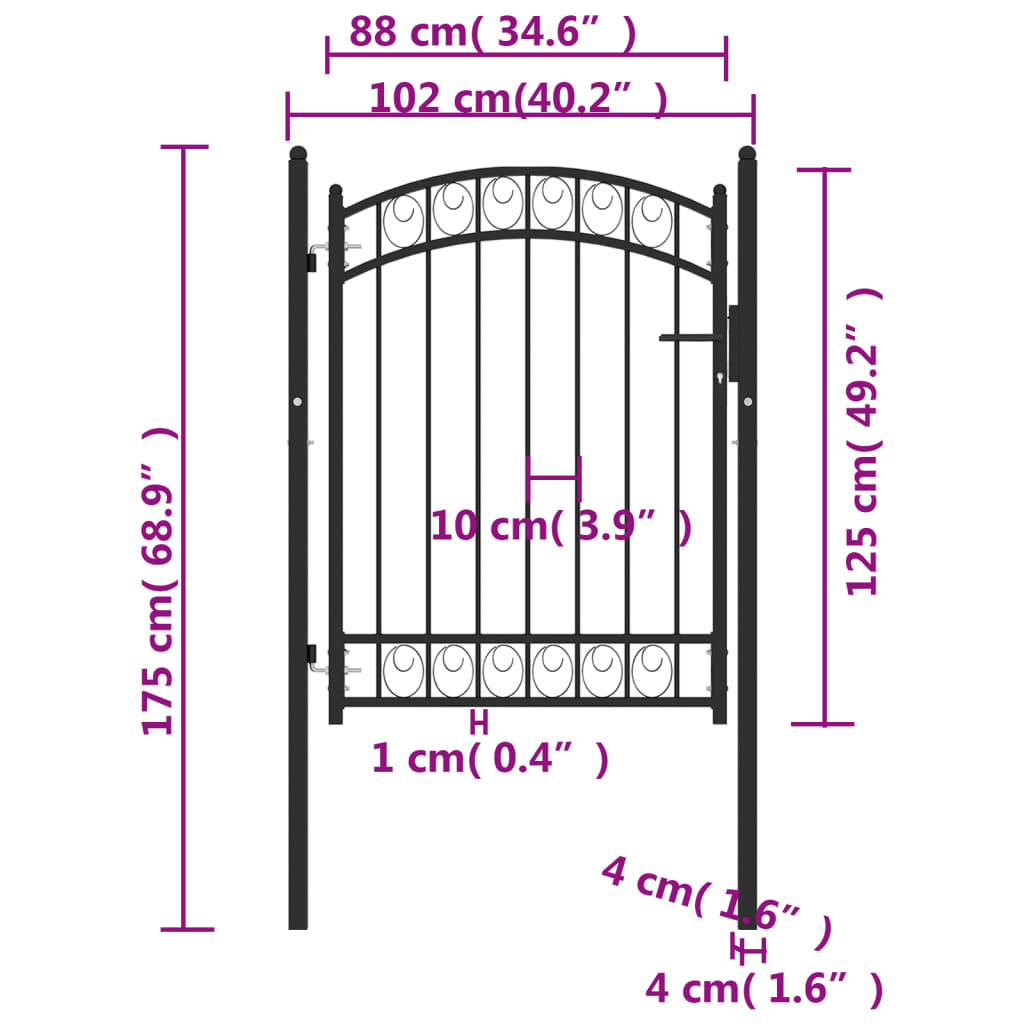 vidaXL Fence Gate with Arched Top Steel 100x125 cm Black