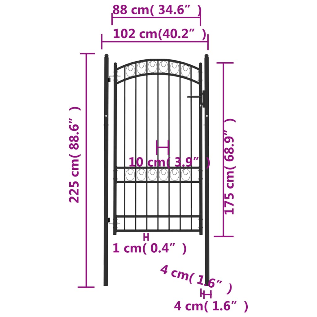 vidaXL Fence Gate with Arched Top Steel 100x175 cm Black