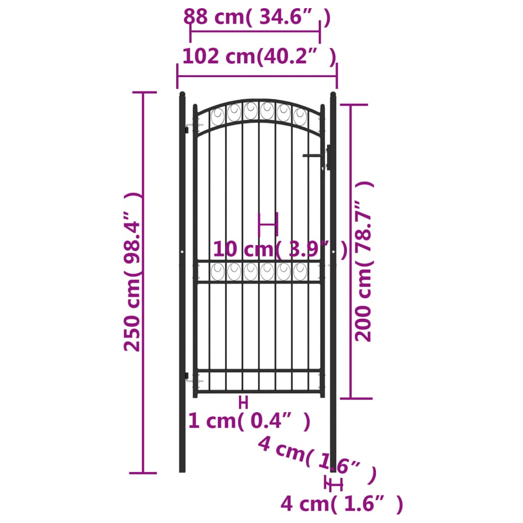 vidaXL Fence Gate with Arched Top Steel 100x200 cm Black