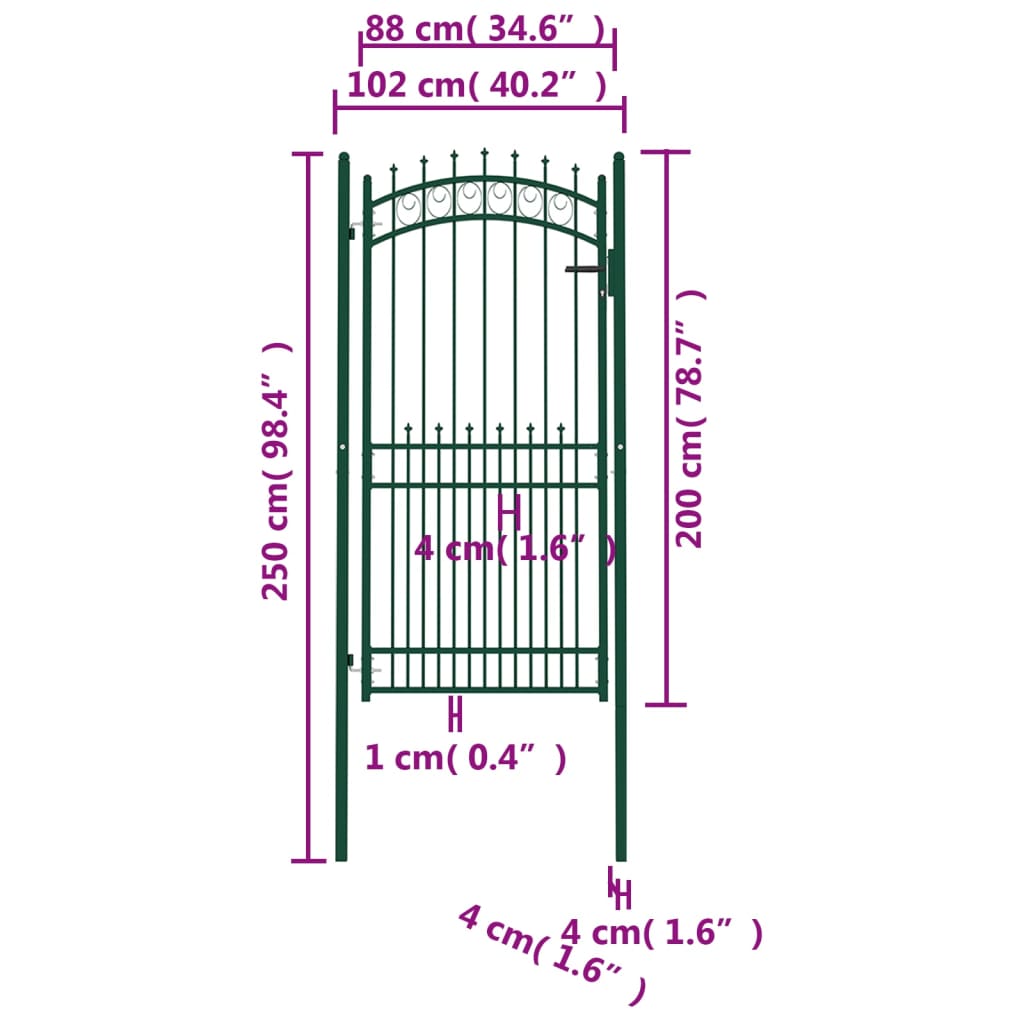 vidaXL Fence Gate with Spikes Steel 100x200 cm Green