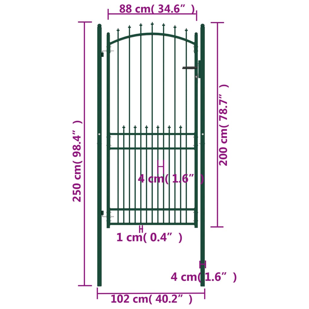 vidaXL Fence Gate with Spikes Steel 100x200 cm Green