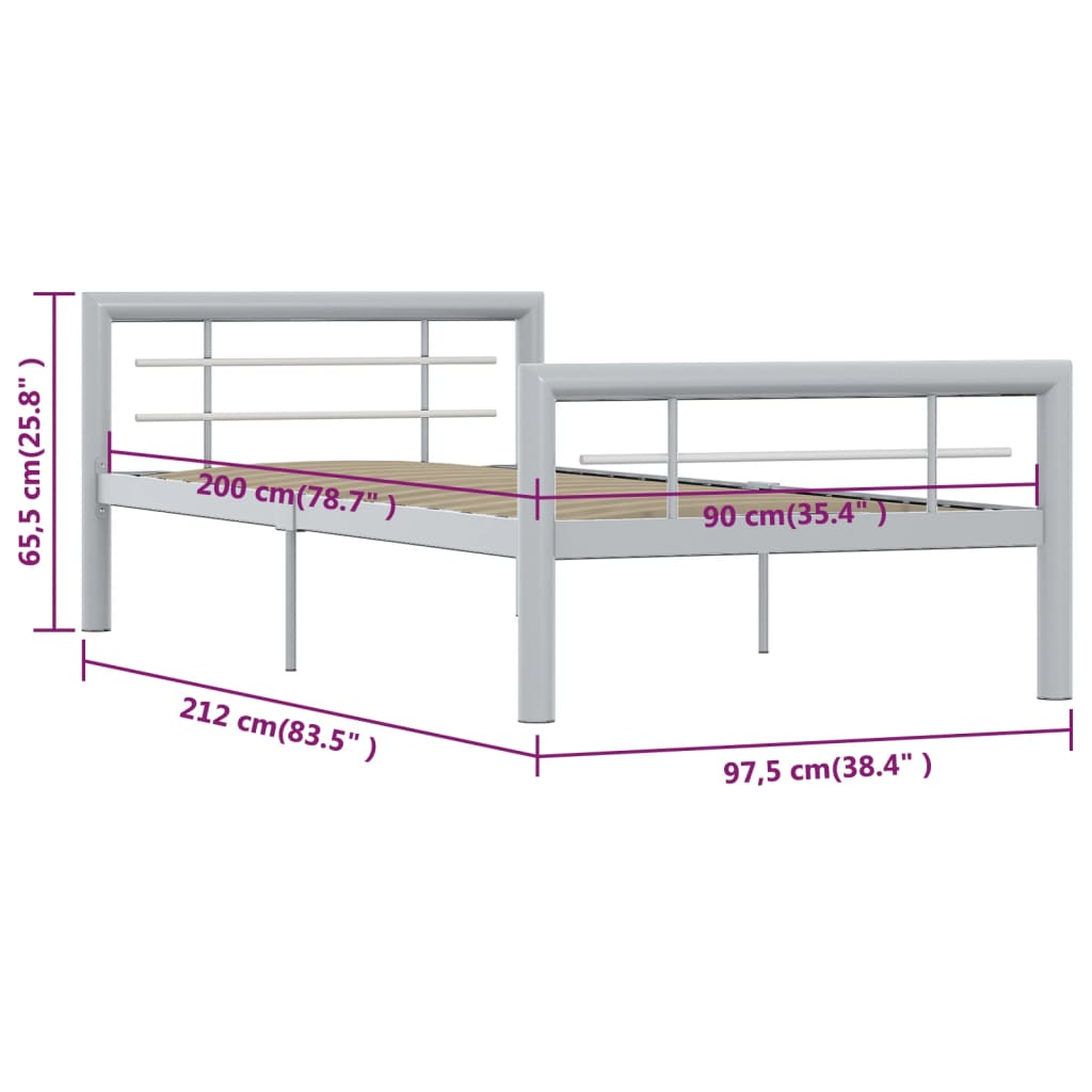 vidaXL Bed Frame without Mattress Grey and White Metal 90x200 cm