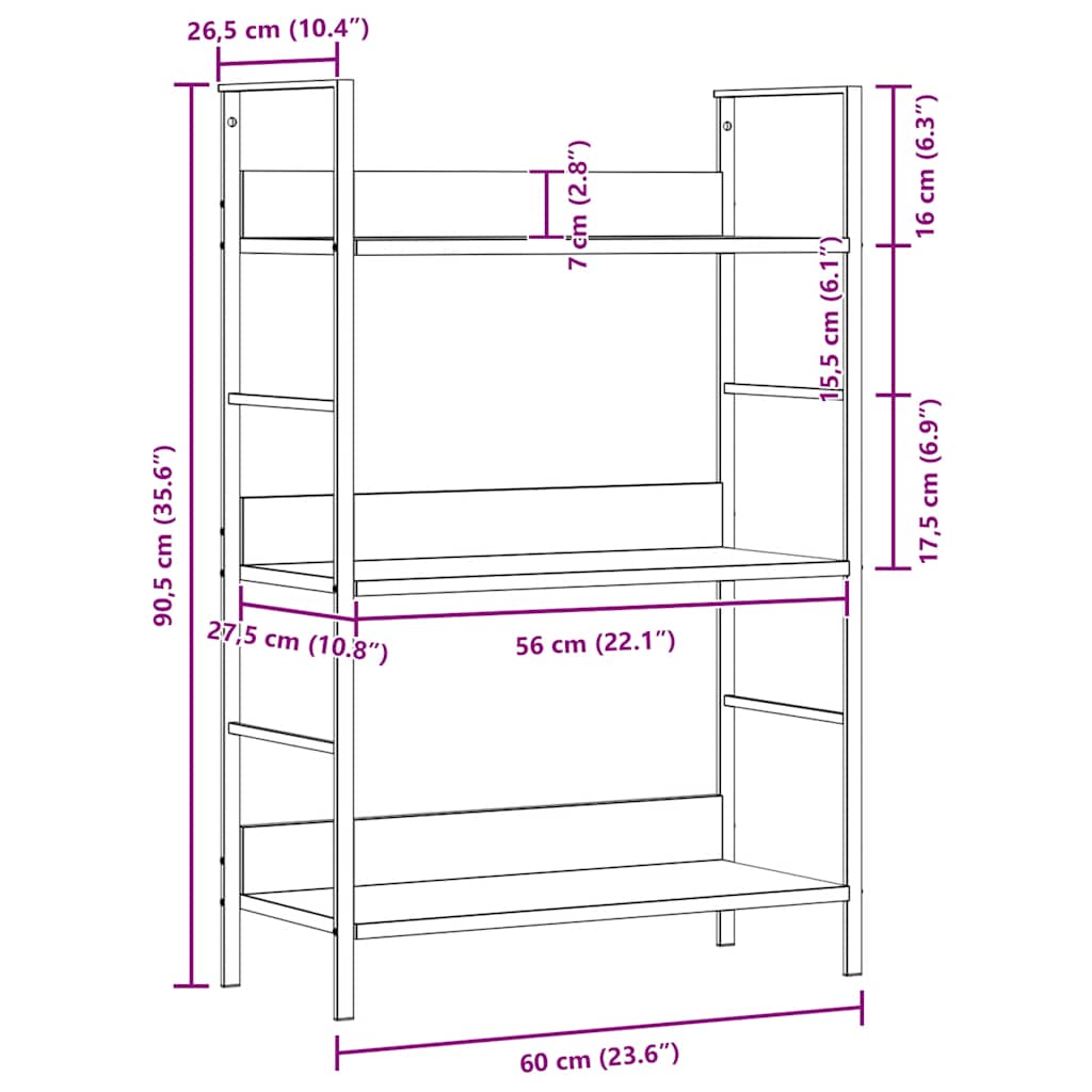 3-Layer Book Shelf Black 60x27.6x90.5 cm Engineered Wood