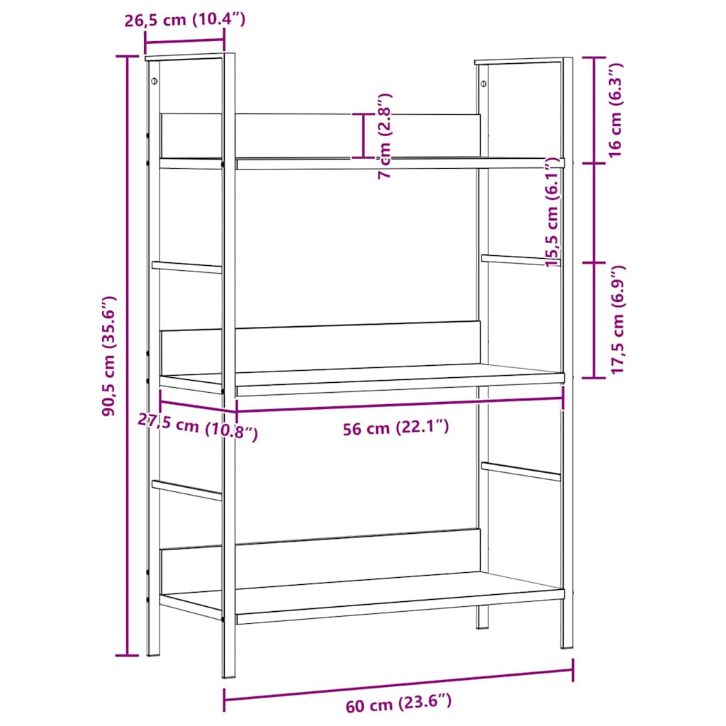 288220 vidaXL 3-Layer Book Shelf White 60x27,6x90,5 cm Engineered Wood