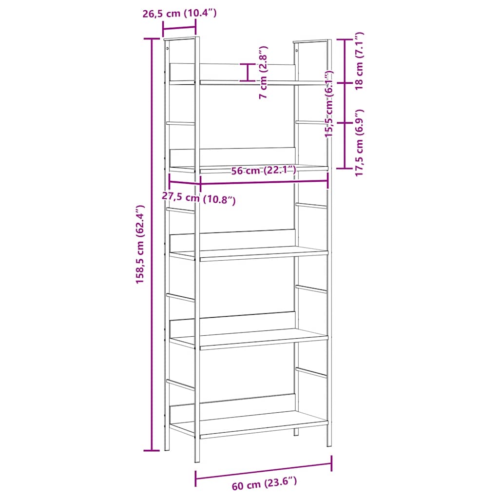 288229 vidaXL 5-Layer Book Shelf Oak 60x27,6x158,5 cm Engineered Wood