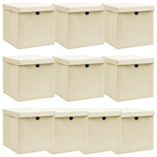 Storage Boxes with Lid 10 pcs Cream 32x32x32 cm Fabric