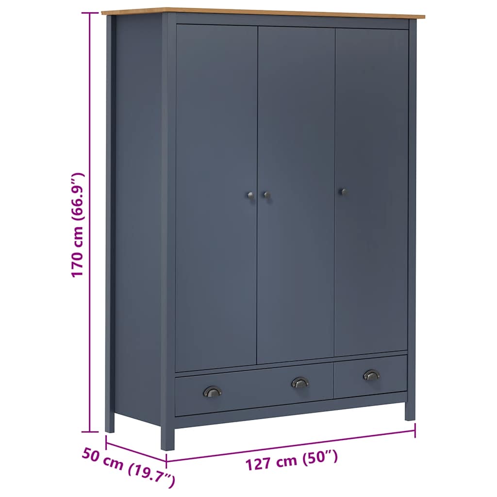 vidaXL 3-Door Wardrobe Hill Grey 127x50x170 cm Solid Pine Wood