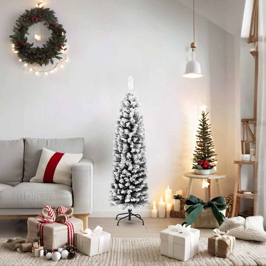 vidaXL Slim Artificial Christmas Tree with Flocked Snow Green 150 cm PVC