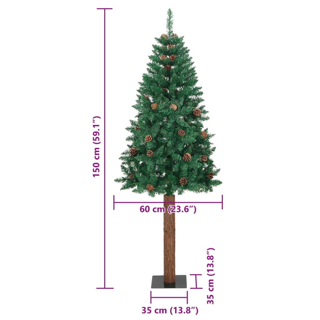 vidaXL Slim Christmas Tree with Real Wood and Cones Green 150 cm PVC