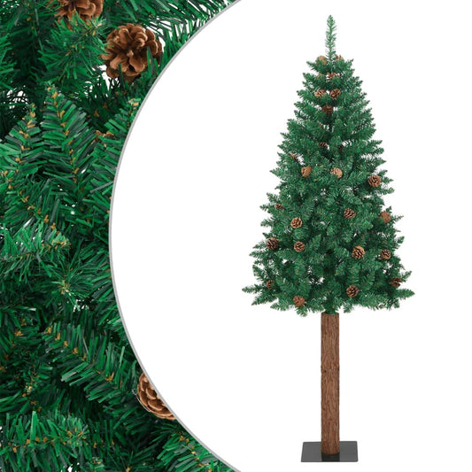 vidaXL Slim Christmas Tree with Real Wood and Cones Green 180 cm PVC