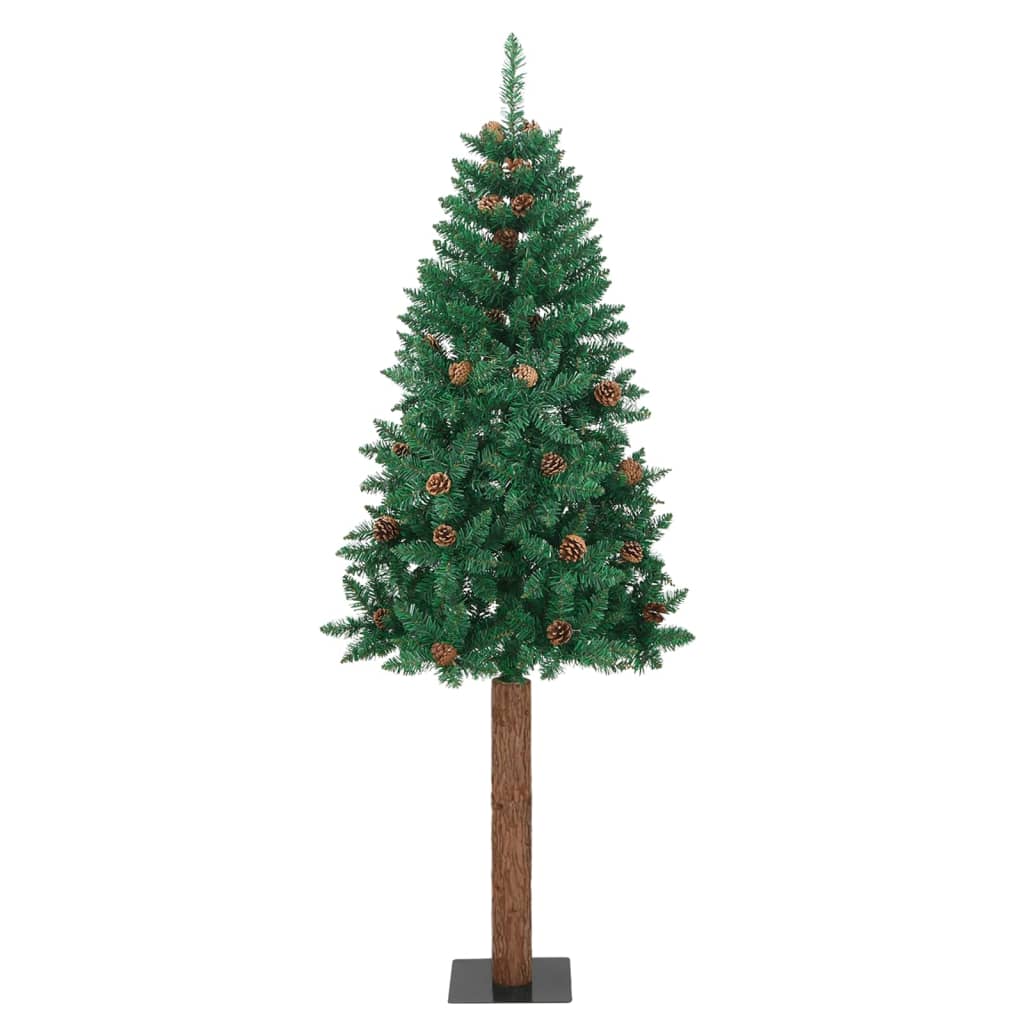 vidaXL Slim Christmas Tree with Real Wood and Cones Green 180 cm PVC