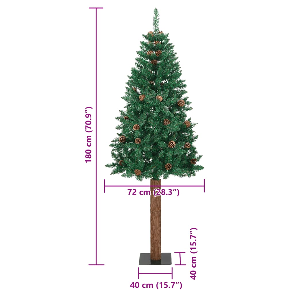 vidaXL Slim Christmas Tree with Real Wood and Cones Green 180 cm PVC