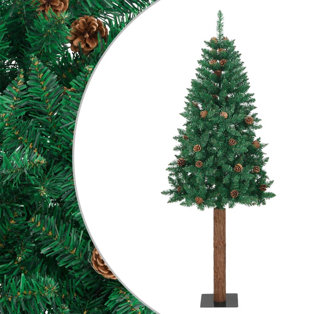 vidaXL Slim Christmas Tree with Real Wood and Cones Green 210 cm PVC