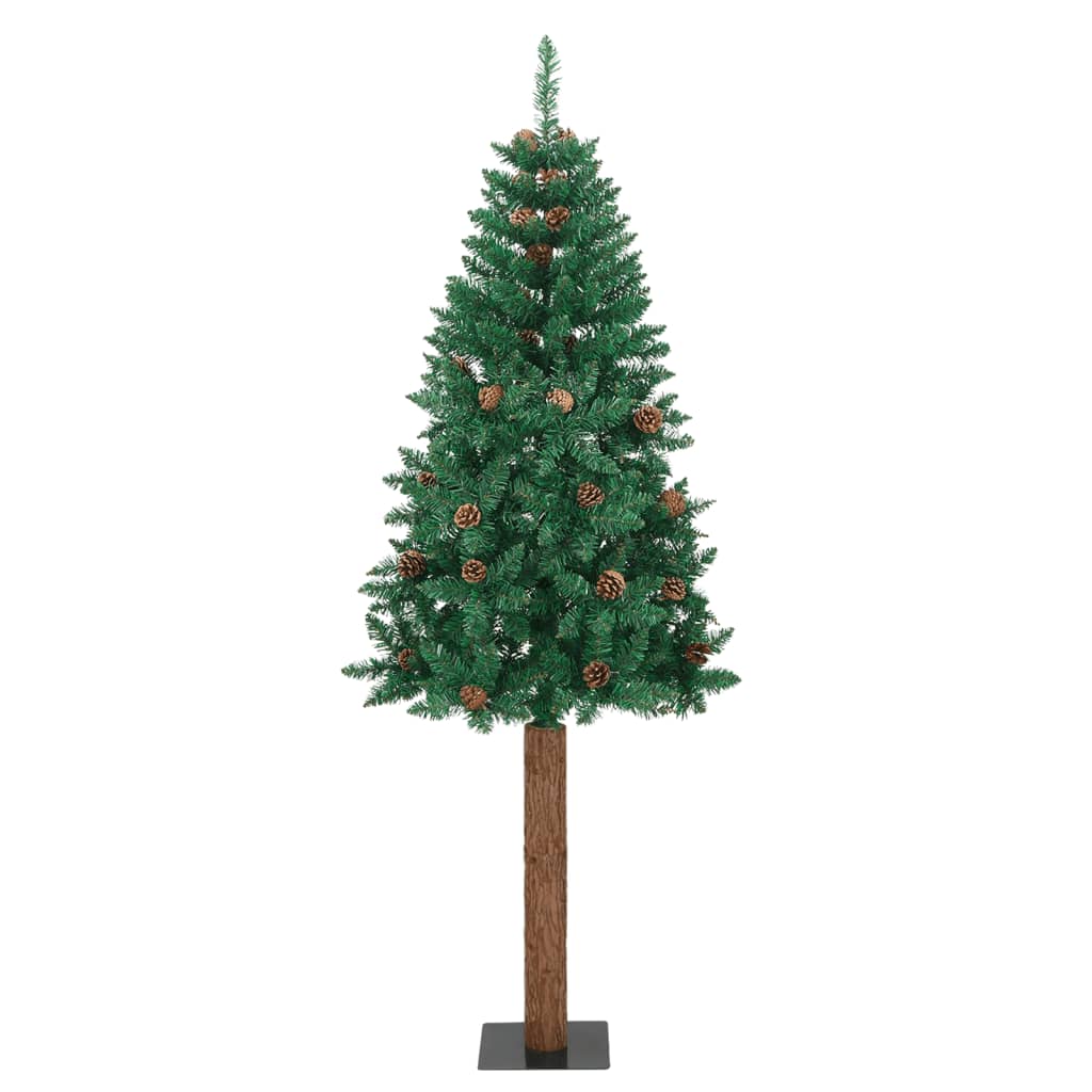 vidaXL Slim Christmas Tree with Real Wood and Cones Green 210 cm PVC