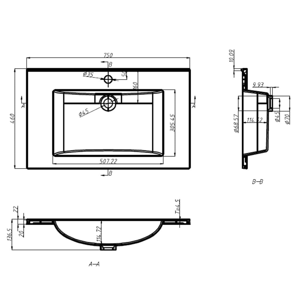 vidaXL Built-in Wash Basin 750x460x130 mm SMC White