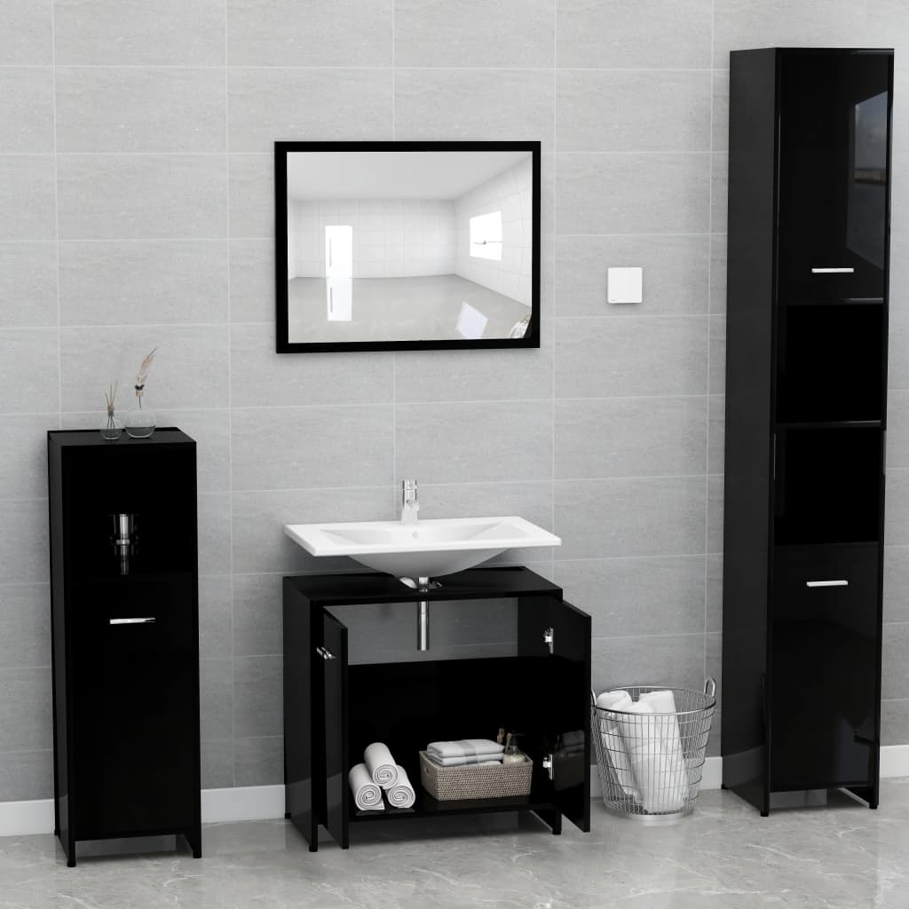 vidaXL Bathroom Furniture Set High Gloss Black Engineered Wood