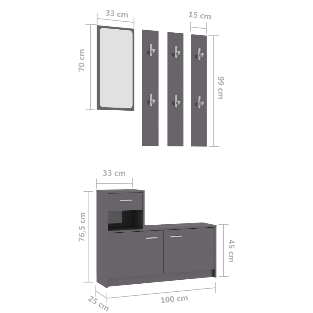 vidaXL Hallway Unit High Gloss Grey 100x25x76.5 cm Engineered Wood