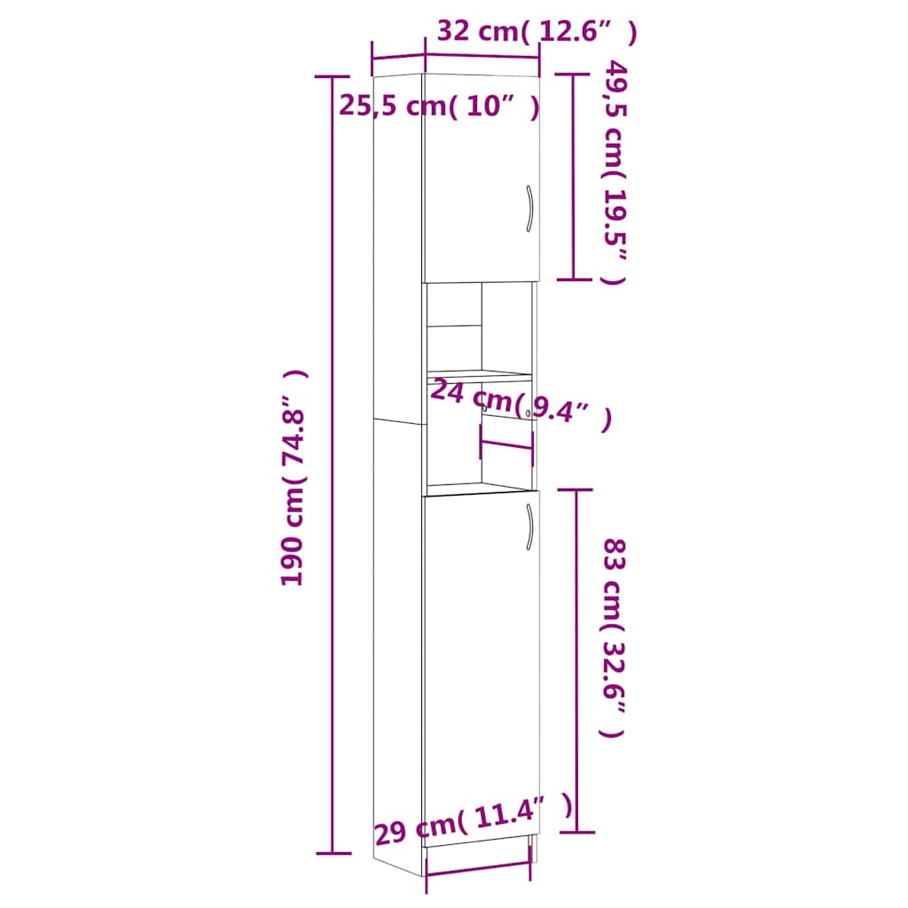 802880 vidaXL Bathroom Cabinet Concrete Grey 32x25,5x190 cm Engineered Wood