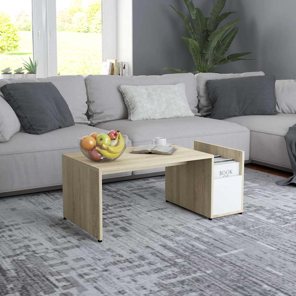 802926 vidaXL Coffee Table White and Sonoma Oak 90x45x35 cm Engineered Wood