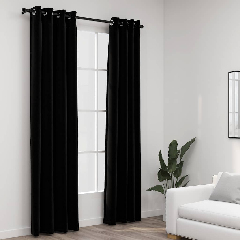 Linen-Look Blackout Curtains with Grommets 2pcs Black 140x245cm