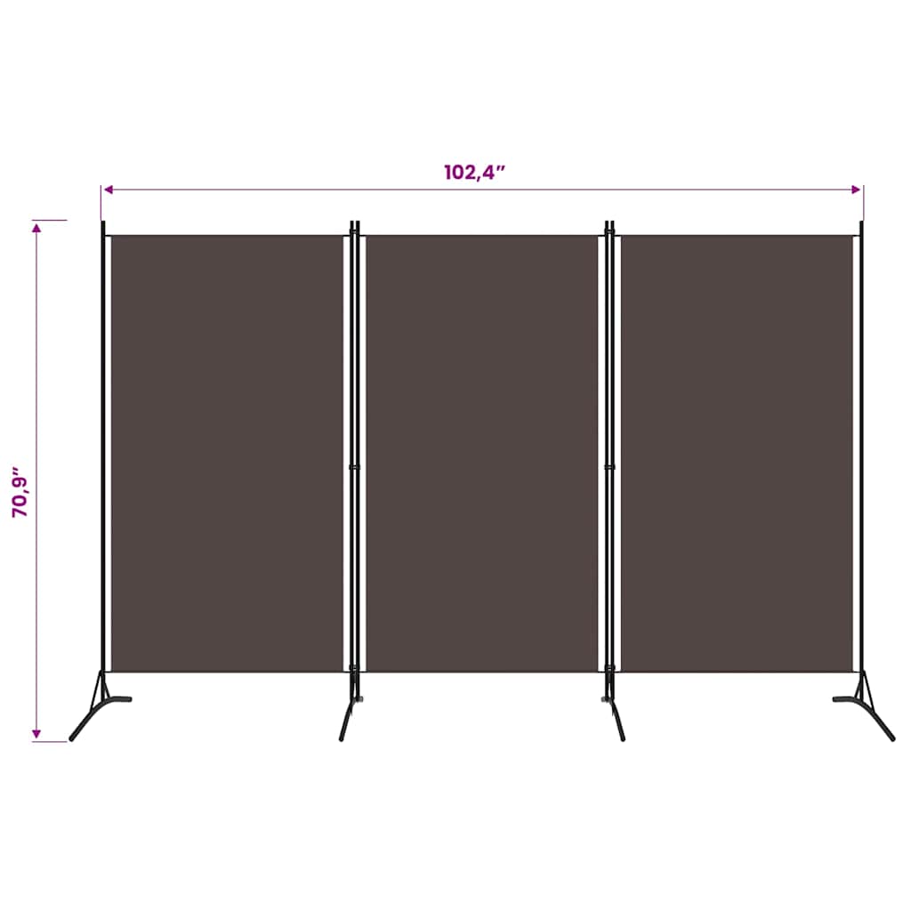 320732 vidaXL 3-Panel Room Divider Brown 260x180 cm Fabric