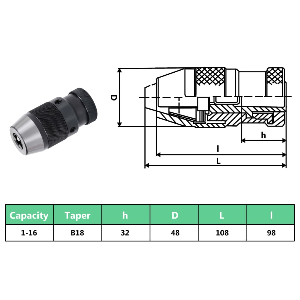 vidaXL Quick Release Drill Chuck MT2-B18 with 16 mm Clamping Range