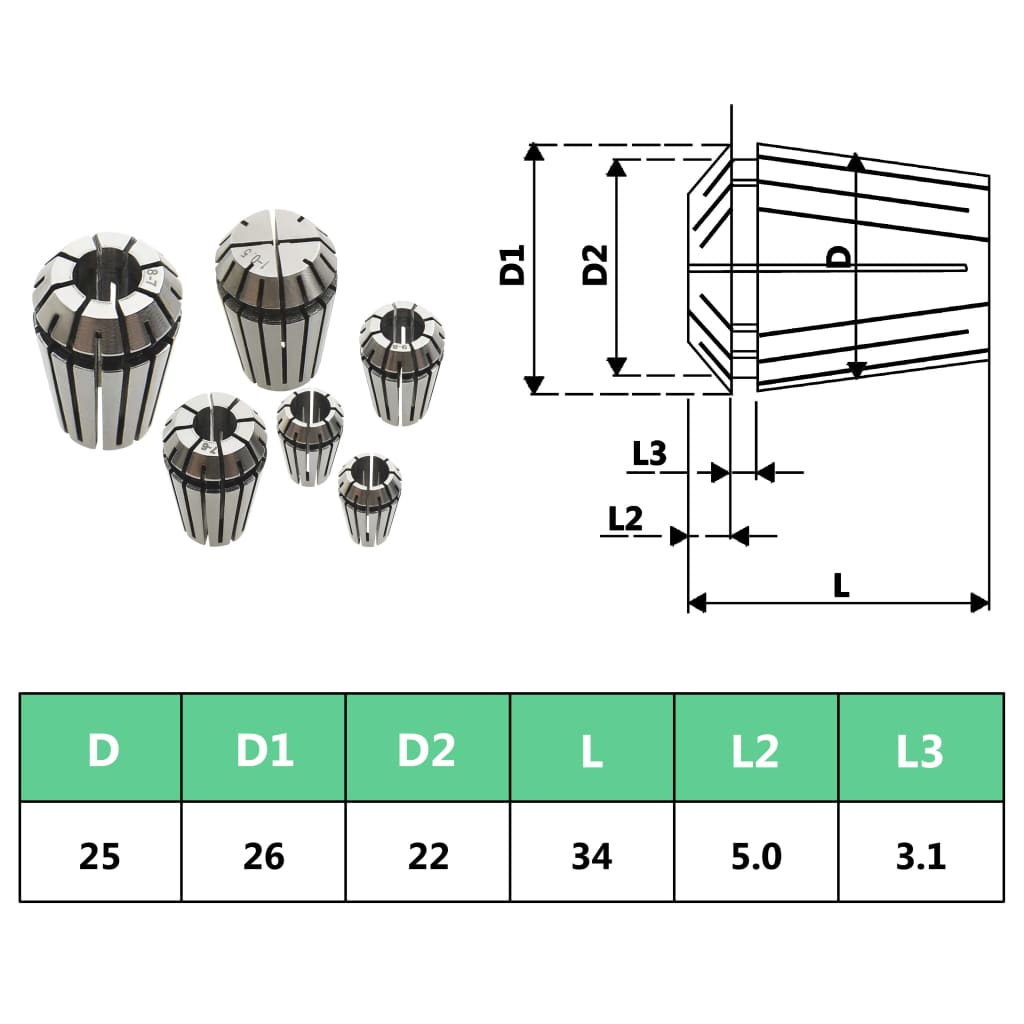 vidaXL ER25 Collets 15 pcs Turning Tool Set