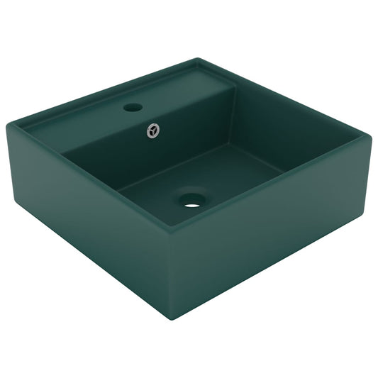 vidaXL Luxury Basin Overflow Square Matt Dark Green 41x41 cm Ceramic