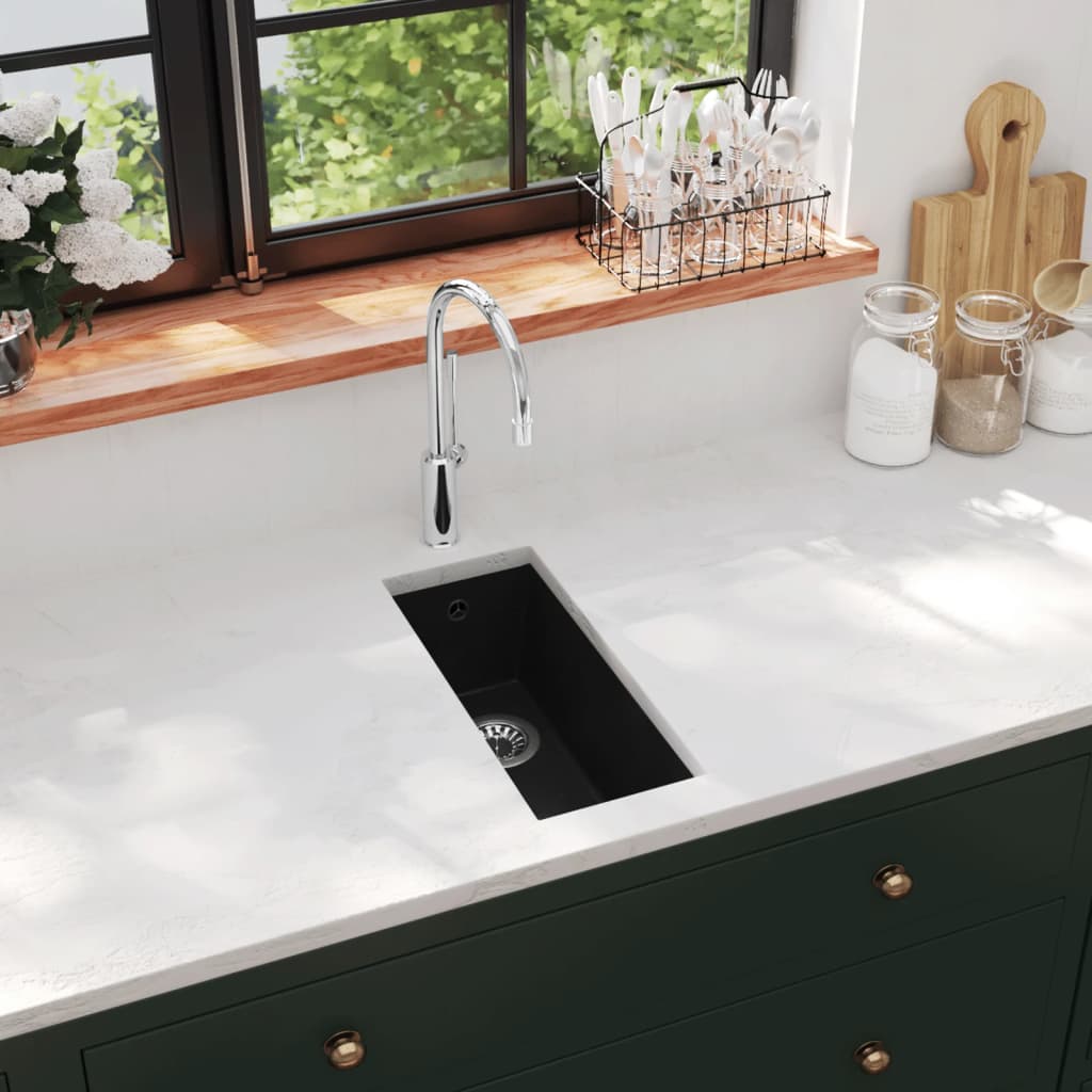 vidaXL Kitchen Sink with Overflow Hole Black Granite