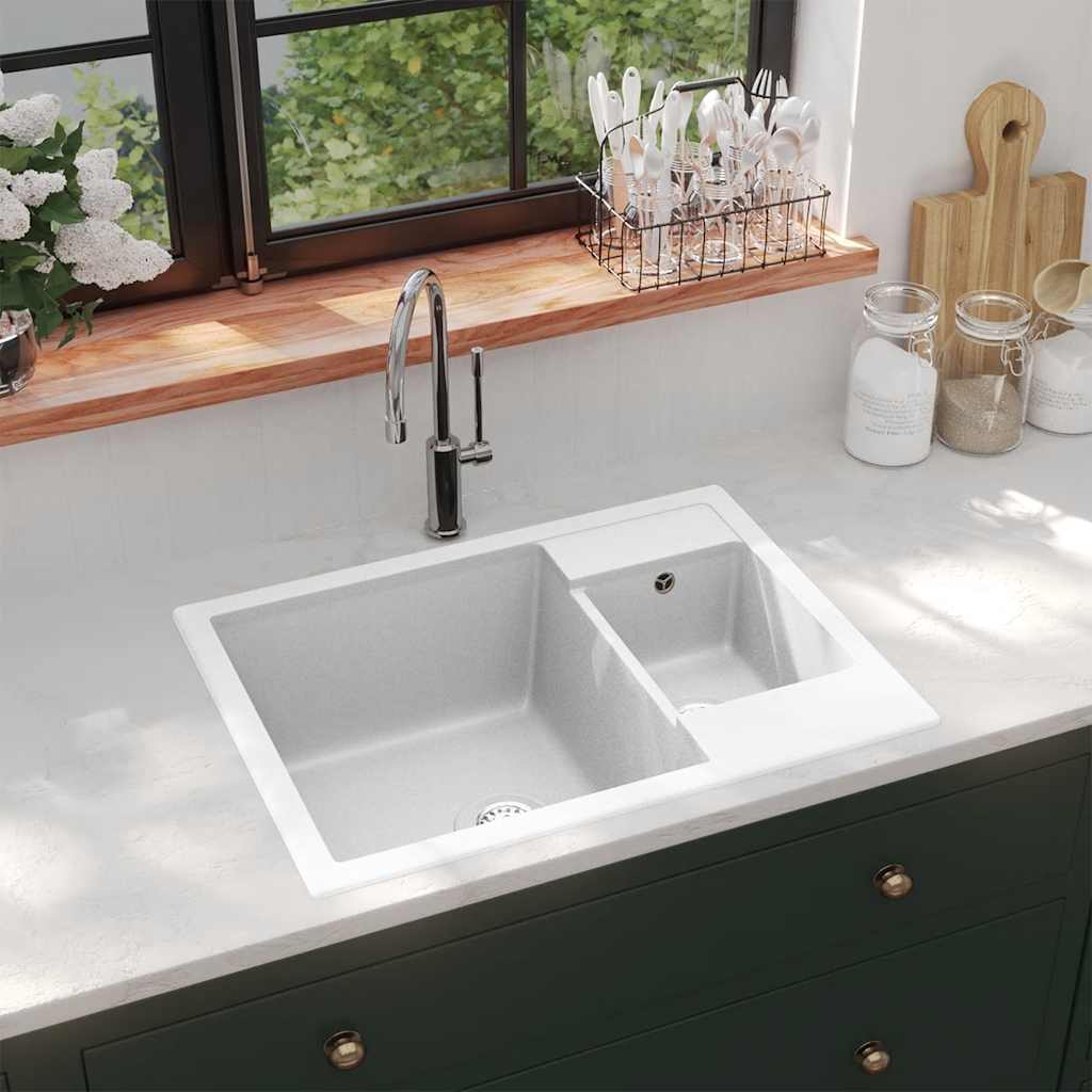 Kitchen Sink with Overflow Hole Double Basins White Granite