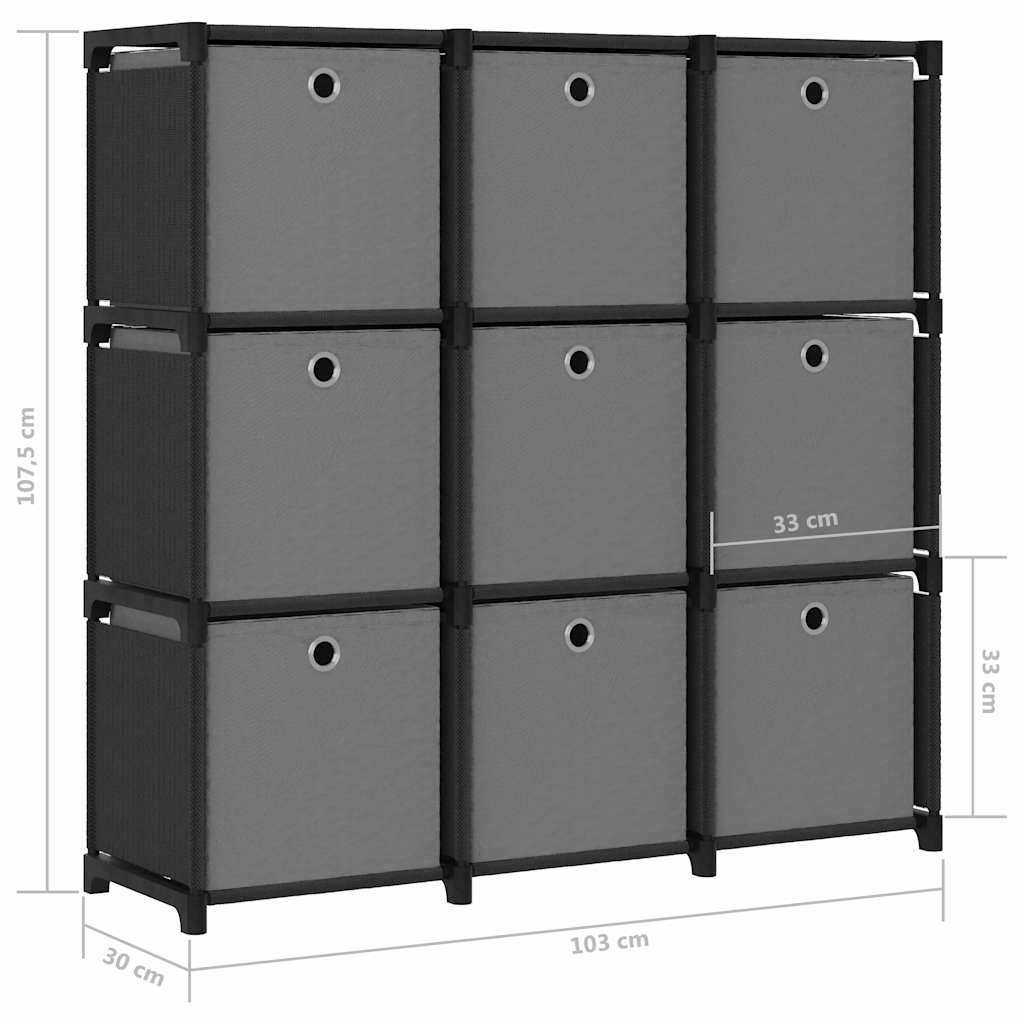 322611 vidaXL 9-Cube Display Shelf with Boxes Black 103x30x107,5 cm Fabric