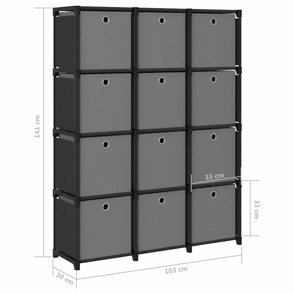 322615 vidaXL 12-Cube Display Shelf with Boxes Black 103x30x141 cm Fabric