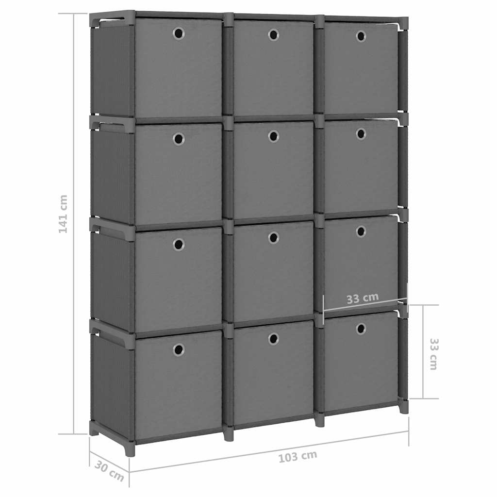 322617 vidaXL 12-Cube Display Shelf with Boxes Grey 103x30x141 cm Fabric