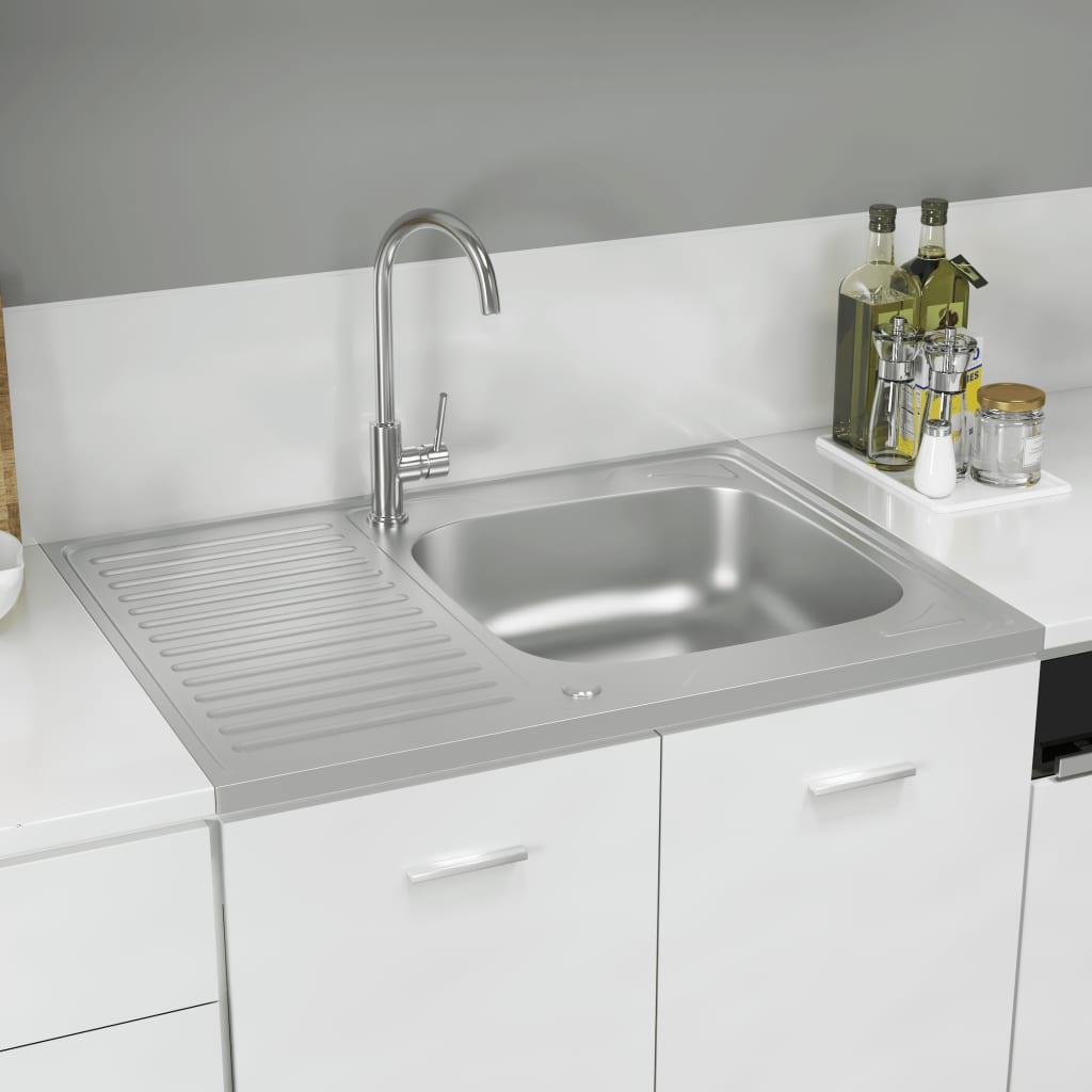 vidaXL Kitchen Sink with Drainer Set Silver 800x600x155 mm Stainless Steel