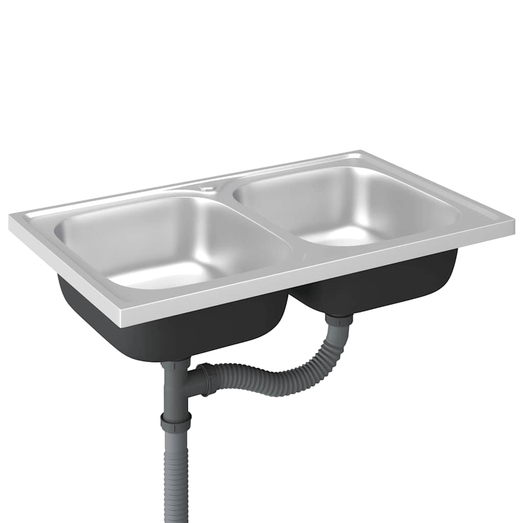 vidaXL Kitchen Sink with Double Basins Silver 800x500x155 mm Stainless Steel