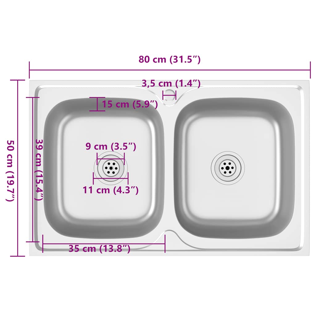 vidaXL Kitchen Sink with Double Basins Silver 800x500x155 mm Stainless Steel