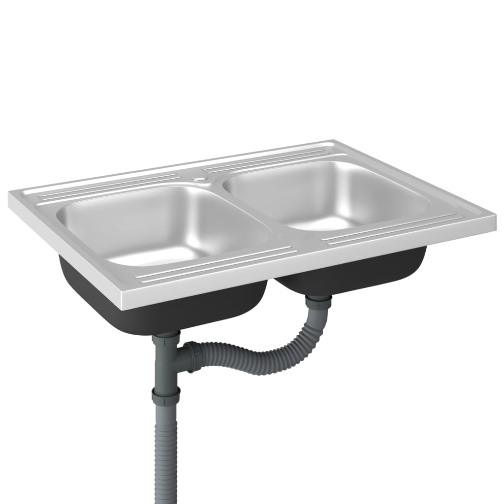 vidaXL Kitchen Sink with Double Basins Silver 800x600x155 mm Stainless Steel