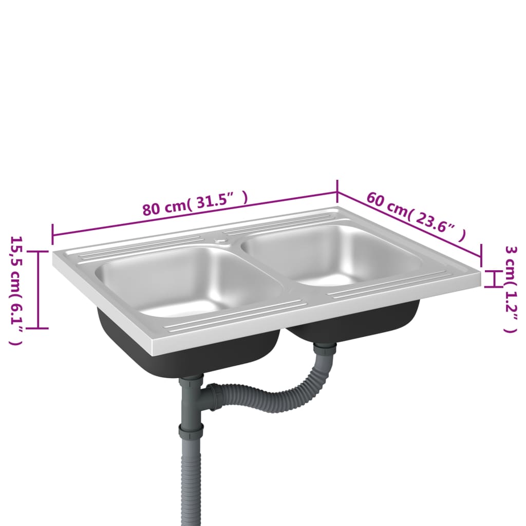 vidaXL Kitchen Sink with Double Basins Silver 800x600x155 mm Stainless Steel