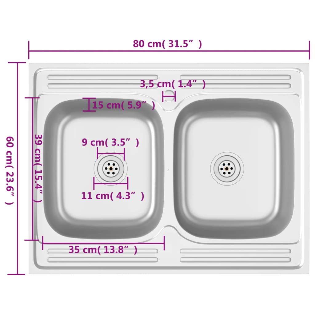 vidaXL Kitchen Sink with Double Basins Silver 800x600x155 mm Stainless Steel