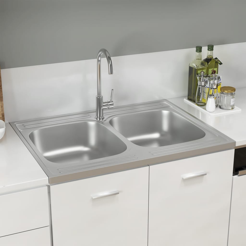 vidaXL Kitchen Sink with Double Basins Silver 800x600x155 mm Stainless Steel