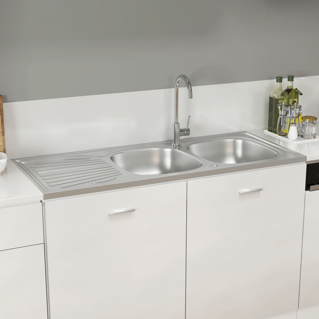 vidaXL Kitchen Sink with Double Sinks Silver 1200x500x155 mm Stainless Steel