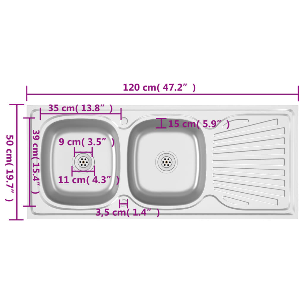 vidaXL Kitchen Sink with Double Sinks Silver 1200x500x155 mm Stainless Steel