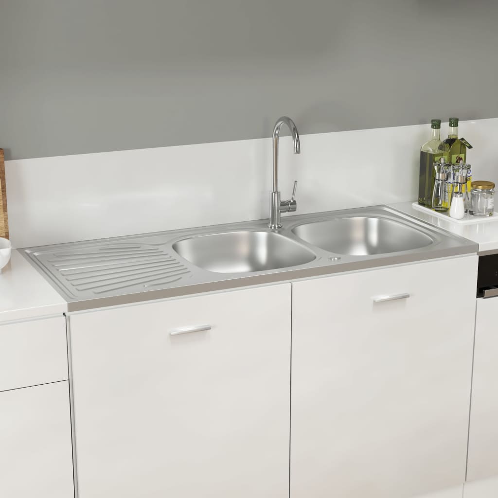 vidaXL Kitchen Sink with Double Sinks Silver 1200x600x155 mm Stainless Steel