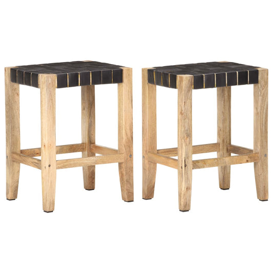 vidaXL Bar Stools 2 pcs Black Real Leather & Solid Mango Wood 46x36x60 cm