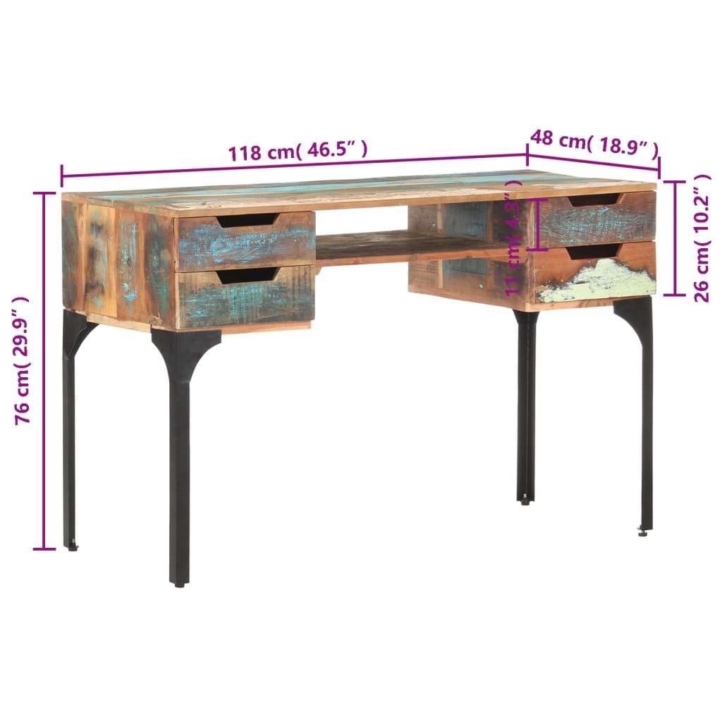 vidaXL Desk 118x48x75 cm Solid Reclaimed Wood