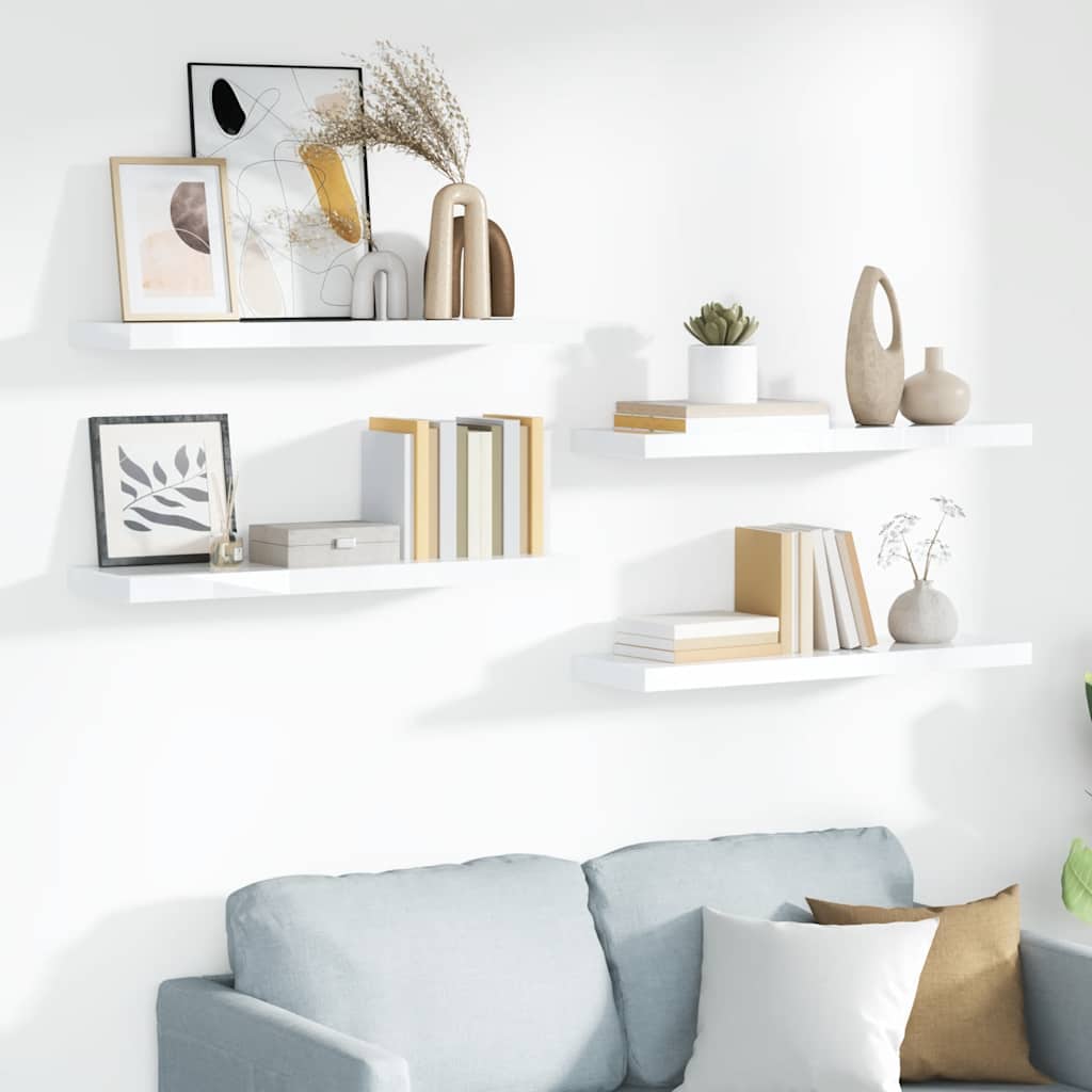 Floating Wall Shelves 4 pcs High Gloss White 90x23.5x3.8 cm MDF