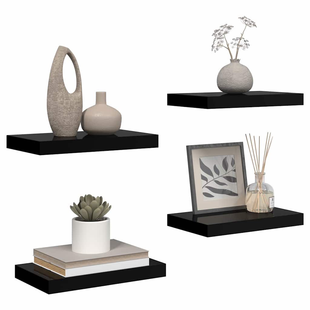 Floating Wall Shelves 4 pcs High Gloss Black 40x23x3.8 cm MDF